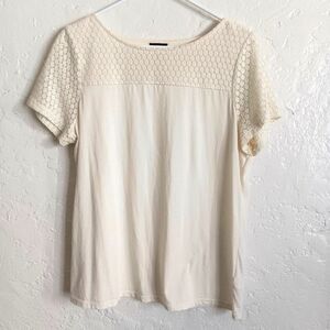 Talbots top Women Large Floral crochet short sleeve cream pima cotton minimalist